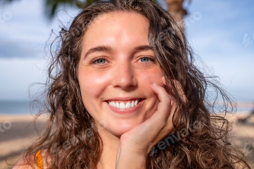 Preview: Portrait cheerful woman smiling brightly at the camera convey feelings of happiness of beach relaxat