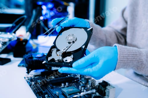 Preview: Closeup of technician with gloves holding blue hard drive circuit board above
