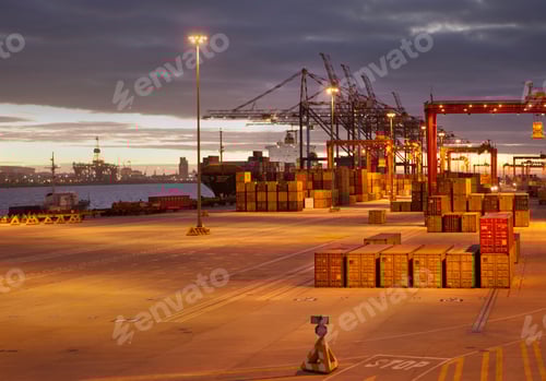 Preview: Cranes and containers in shipyard