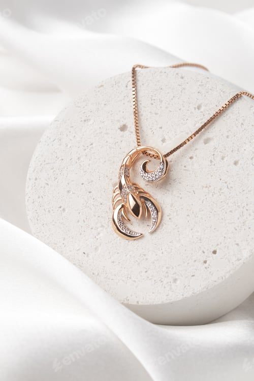 Preview: Gold pendant in the form of a Scorpion on concrete podium on white silk background