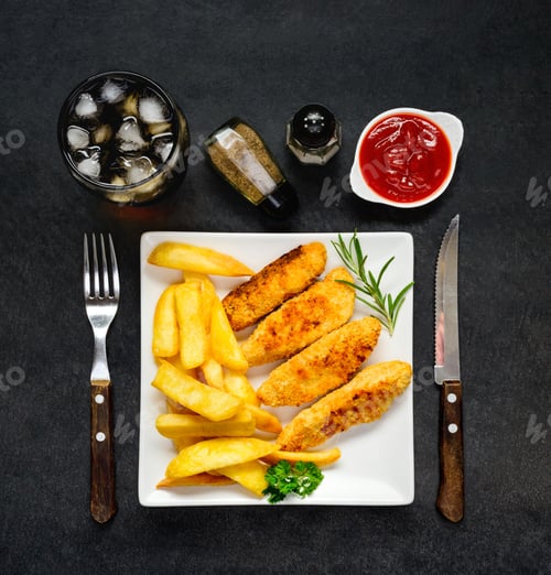 Preview: Delicious Chicken and Chips with Ketchup on Slate