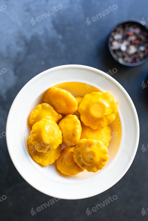 Preview: Squash Or Little Pumpkins In Marinade Vegetable Snack Salad Meal Ingredient On The Table Tasty
