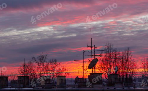Preview: Scenery of sunset in zagreb with antennas on the top of the building