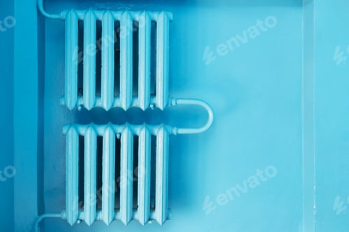 Preview: Blue Retro Heater, Abstract Background with Old Radiator on Wall, Monochrome, copy space
