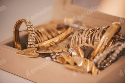 Preview: Luxury gold jewelry on set holders and in jewelry box on light dressing table and wardrobe shelves