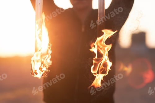 Preview: Flaming Fire Rods with Lens Flare, Fire Show Performer