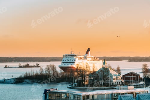 Preview: Helsinki, Finland. View Of Modern Ferry Ferryboat Sailing Near B