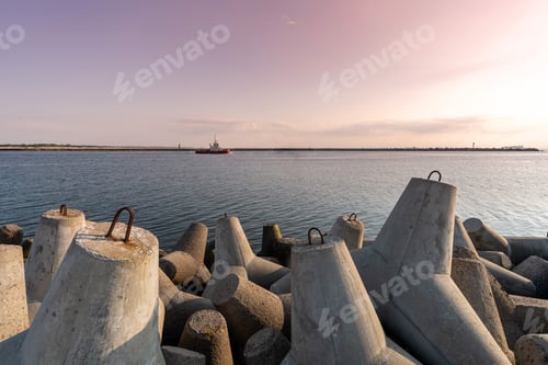 Preview: Tugboat sailing in sea to tow ship to port. Tetrapod breakwaters in harbor