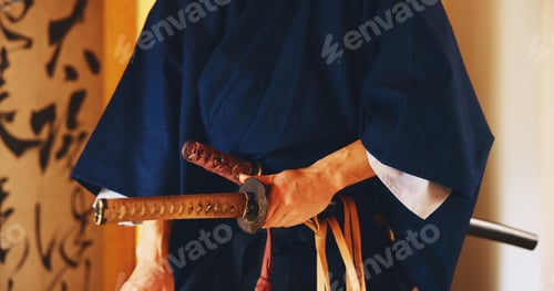 Preview: Japan, martial arts and hands of samurai with sword for self defense, combat or protection in battl
