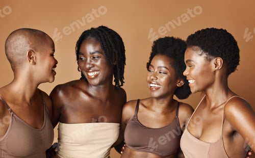 Preview: Face, skincare and laughing with black woman friends in studio on a brown background for natural we