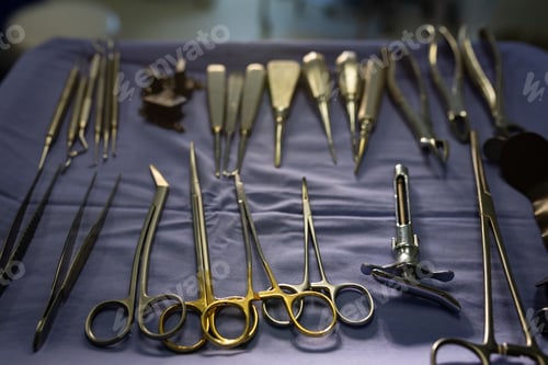 Preview: Front view of basic surgical instruments placed in a surgical tray covered with a sheet