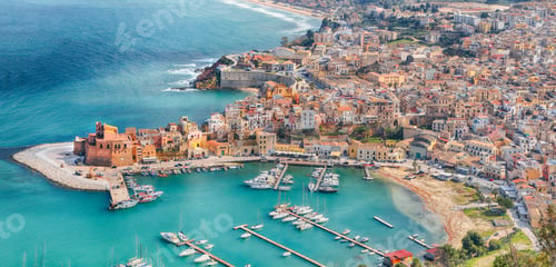 Preview: Astonishing aerial cityscape of Castellammare del Golfo town.