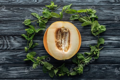 Preview: top view of fresh ripe sweet melon and fresh mint on wooden surface