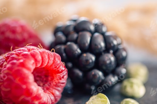 Preview: Natural background, blackberry and raspberry, selective focus.
