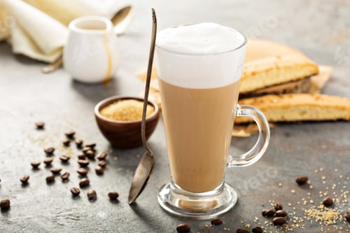 Preview: Hot coffee latte with biscotti cookies