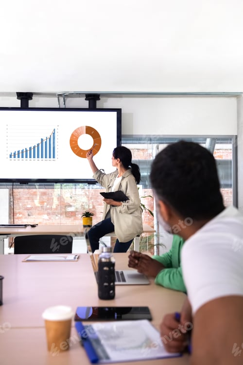 Preview: Team business meeting. Female boss looking at company results graphics. Vertical image.