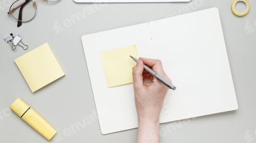 Preview: Woman writing on sticky note at organized workspace with notebook and stationery items