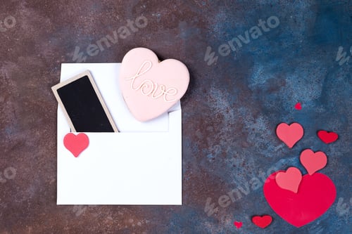 Preview: White envelope with hearts on stone background. Valentine's day background. Love concept