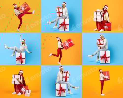 Preview: Women celebrate the holidays with gift boxes in colorful backdrop
