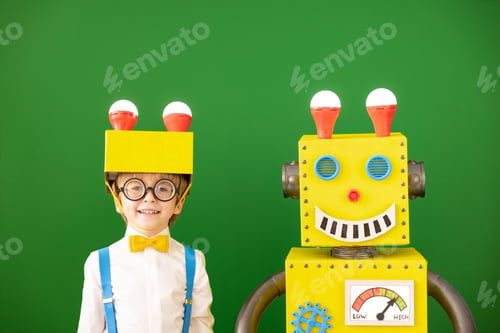 Preview: Happy child with toy robot in class