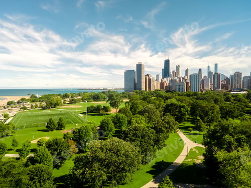 Preview: Aerial of the Lincoln park in Chicago with a display of skyscrapers and lake Michigan, the USA