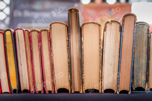 Preview: Second hand books in a row on a market stall. Old faded yellowing paper. Blurred background.