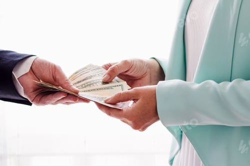 Preview: Business man and woman wearing suit holding bills with their hands, money, dollar, finance payment
