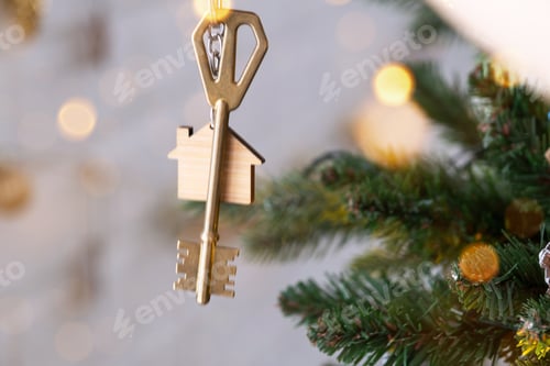Preview: Key to the house with a keychain is hanging on the Christmas tree. A gift for New Year, Christmas