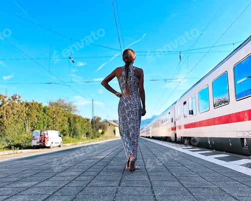 Preview: Young Slim Woman Long Hair Wears Blue White Summer Dress Geometric Pattern Walks By Railway Station