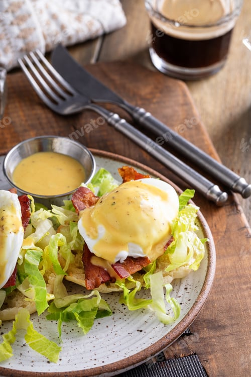 Preview: Eggs Benedict with bacon and lettuce on english muffins