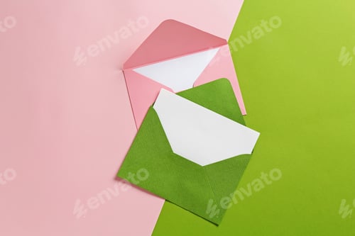 Preview: Blank invitation cards and envelopes on color background, flat lay