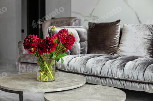 Preview: Bouquet of red dahlia in interior. Beautiful modern interior and fresh flowers