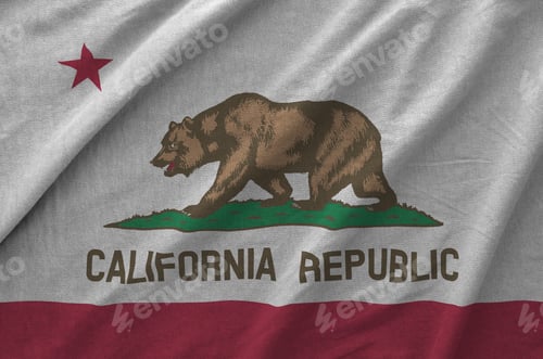 Preview: California US state flag depicted on folded wavy fabric of old cloth