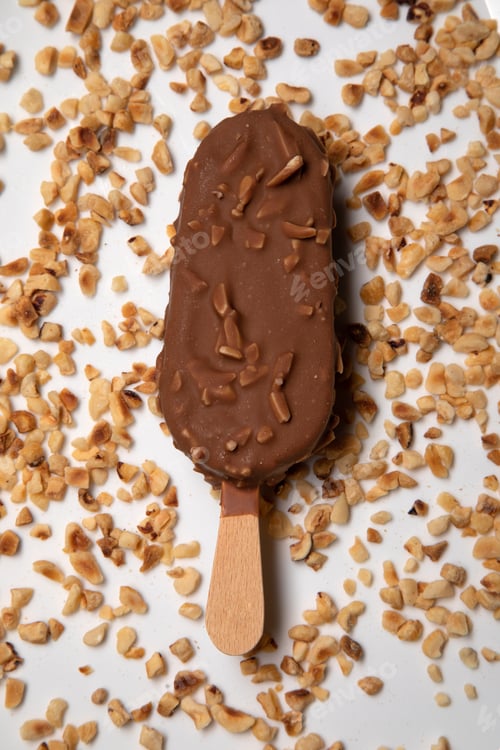 Preview: Cold ice cream in chocolate glaze sprinkled with nuts on a Stick.
