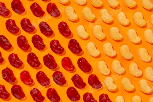 Preview: Closeup of an orange background with arranged halves of candy beans