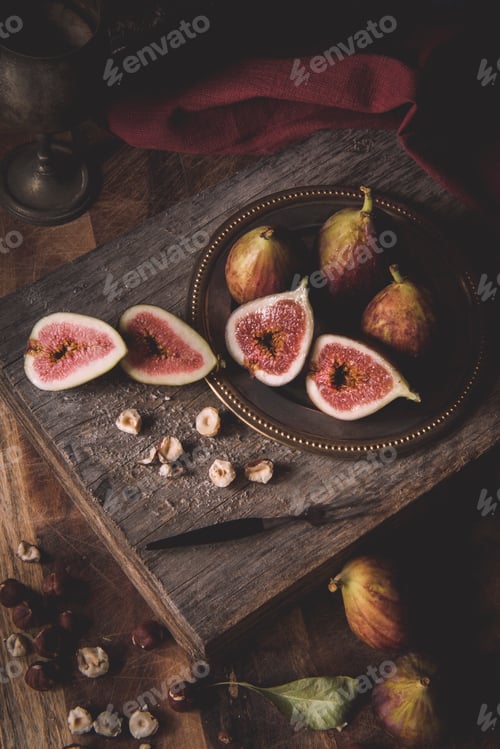 Preview: Overhead flat lay figs, chiaroscuro style, rustic, fruit, decadent