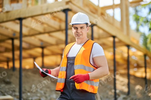 Preview: Young man wearing yellow vest, uniform and white helmet, standing, building house.