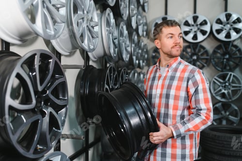 Preview: male customer choosing alloy wheel rims at car repair service or auto store