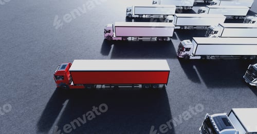 Preview: Fleet of new heavy trucks with one selected. Transportation