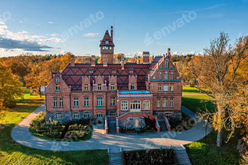 Preview: Jaunmoku Brick Medieval Castle Near Tukums, Latvia on a clear sunny autumn day, drone view