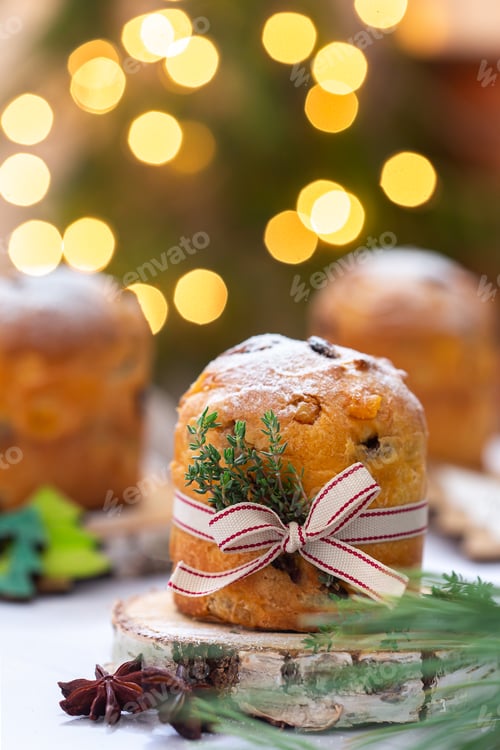 Preview: Traditional Italian Christmas cake Panettone with festive decorations