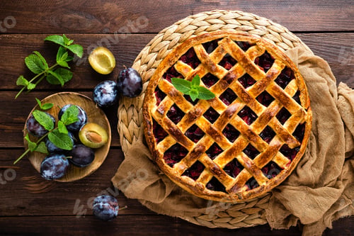 Preview: Fruit pie. Sweet pie, tart with fresh plums. Delicious cake with plums