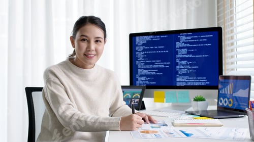 Preview: Asia people MBA college woman work at home office smile happy look at camera