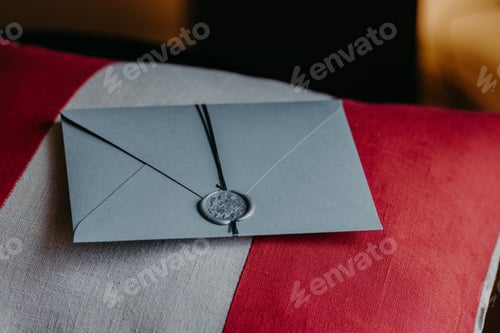 Preview: Grey invitation card for wedding or special occasion on red and white pillow. Wedding decor