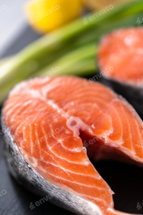 Fresh Salmon Steak with Green Onion and Lemon