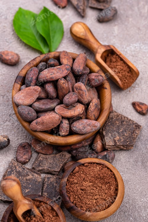 Preview: Natural cocoa powder, cocoa beans and chocolate
