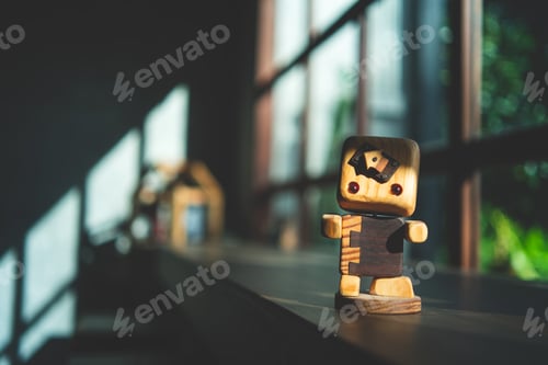 Preview: Wooden Robot Toy Standing by Bright Window