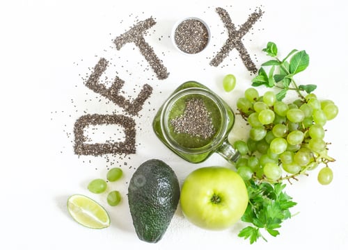 Preview: Word detox is made from chia seeds. Green smoothies and ingredients. Concept of diet, cleansing