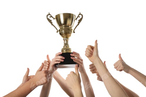 Preview: Group of people with golden trophy up on white background, closeup
