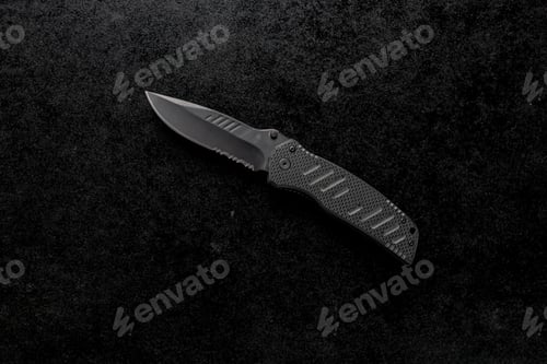 Preview: Closeup shot of an EDC pocket knife with a black handle on a black background